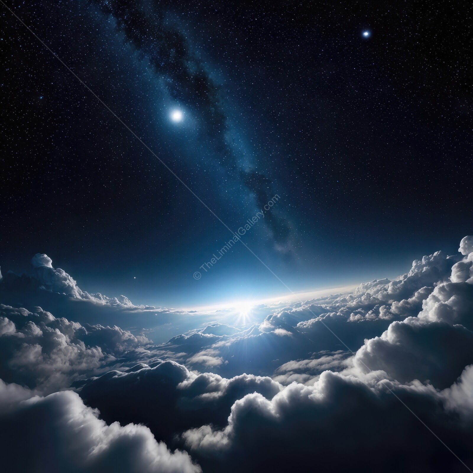 Vast celestial wonders above the clouds during a serene twilight hour