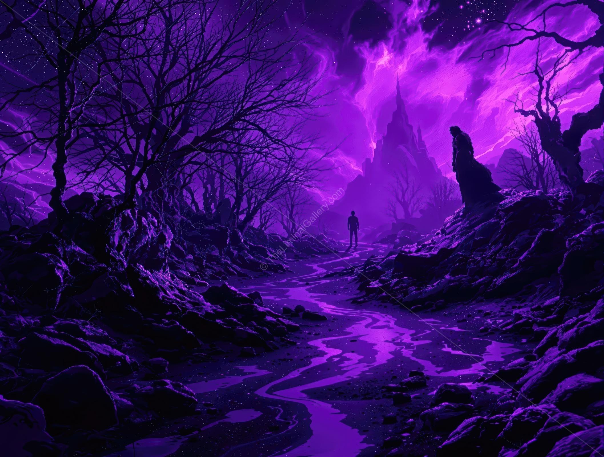 Violet-hued landscape with twisted trees and mysterious structures under a starry night sky