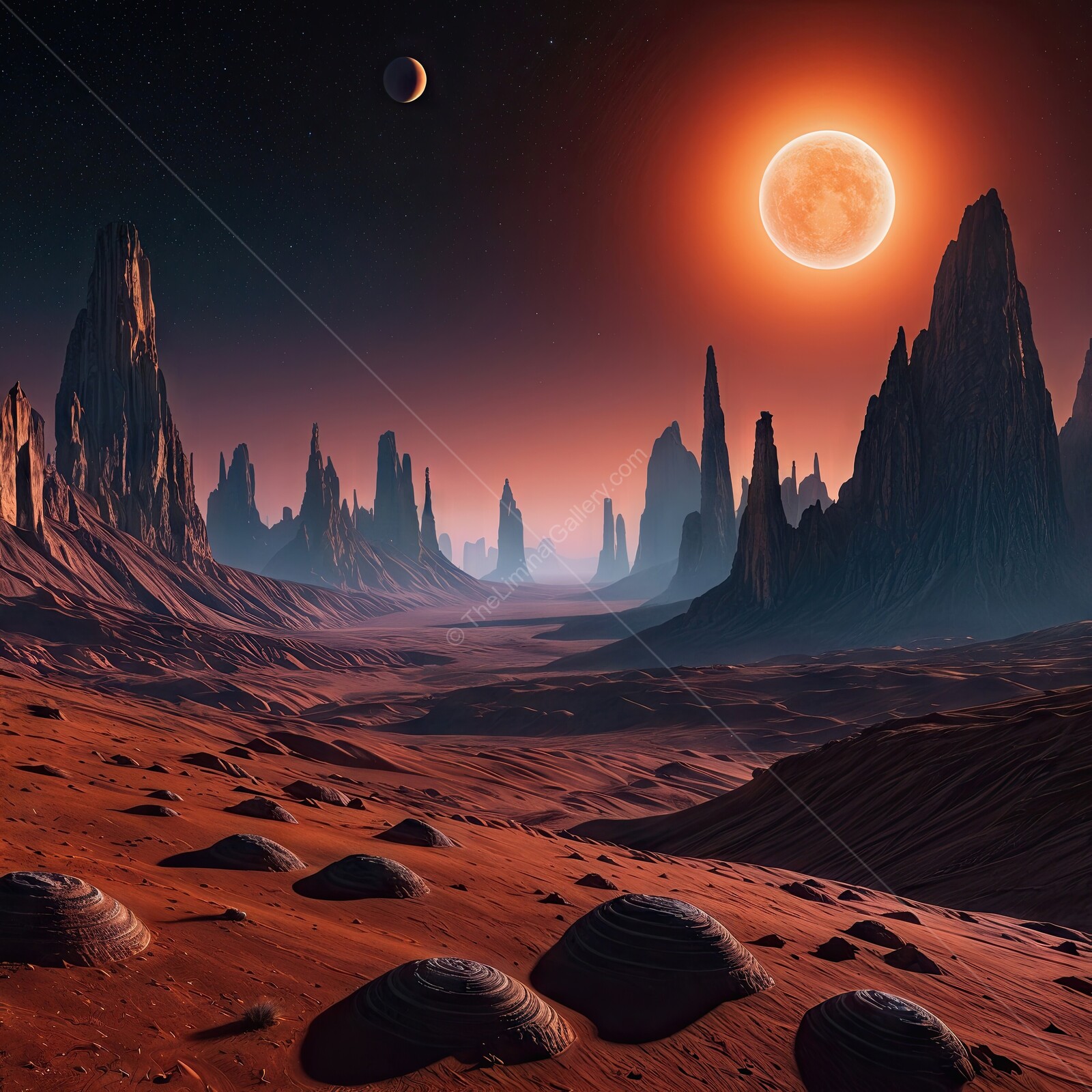 Vivid alien landscape under a glowing celestial body with distant planets at dusk