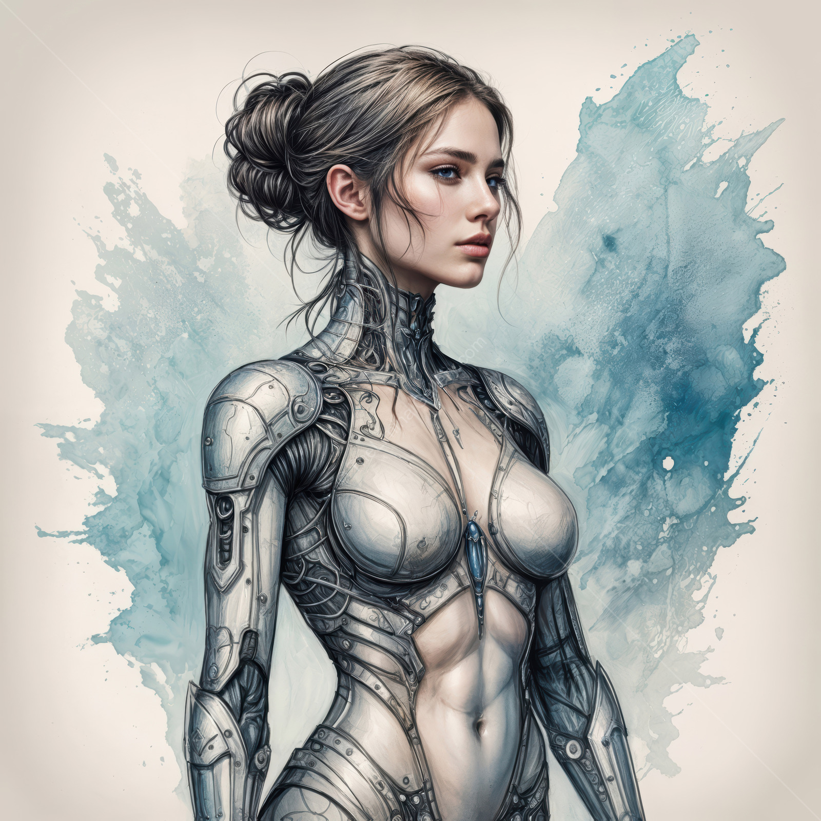 Futuristic warrior stands poised, blending human grace with robotic strength in a vibrant sci-fi landscape