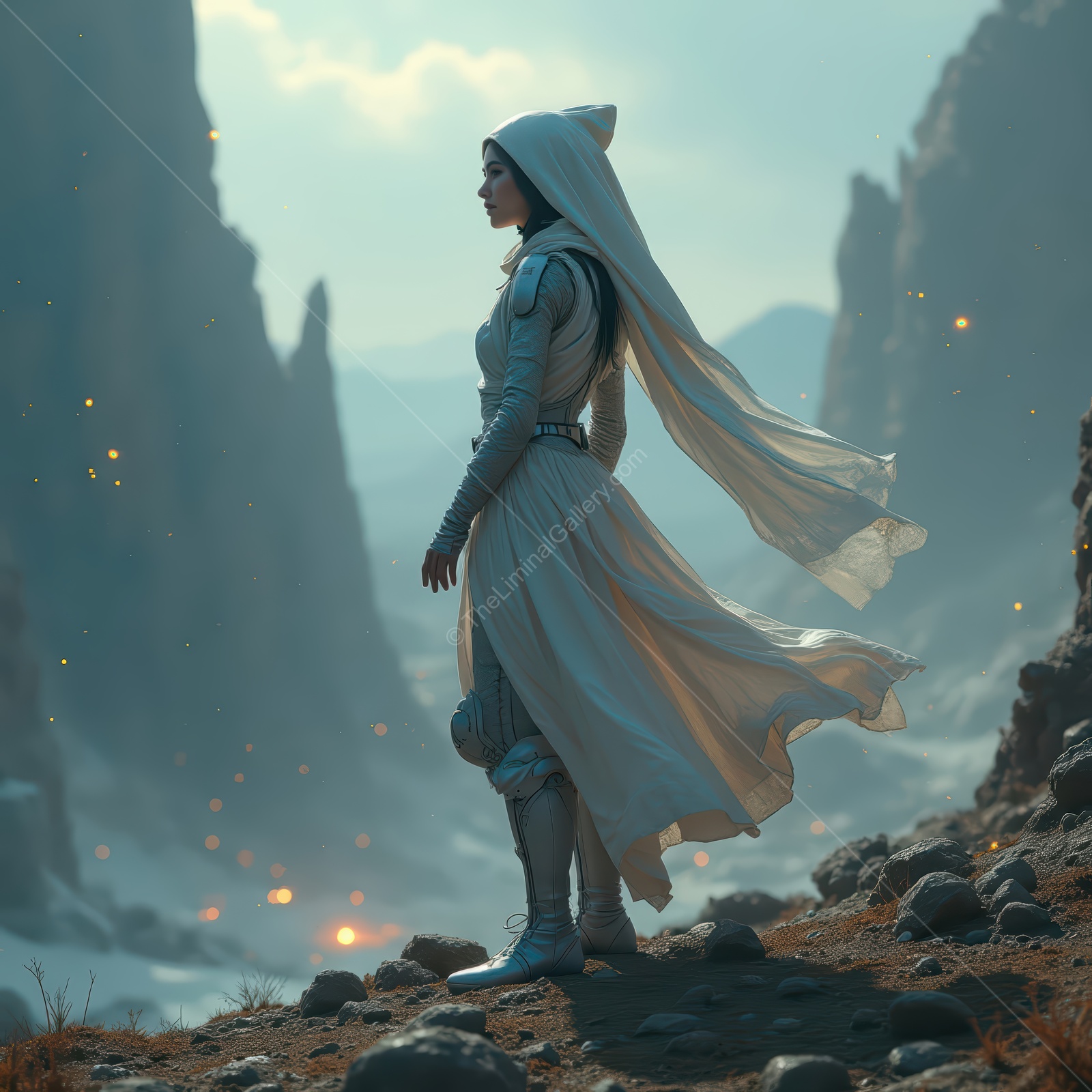 Enigmatic warrior gazes at the distant alien landscape, surrounded by ethereal lights in a sci-fi realm of wonder and mystery