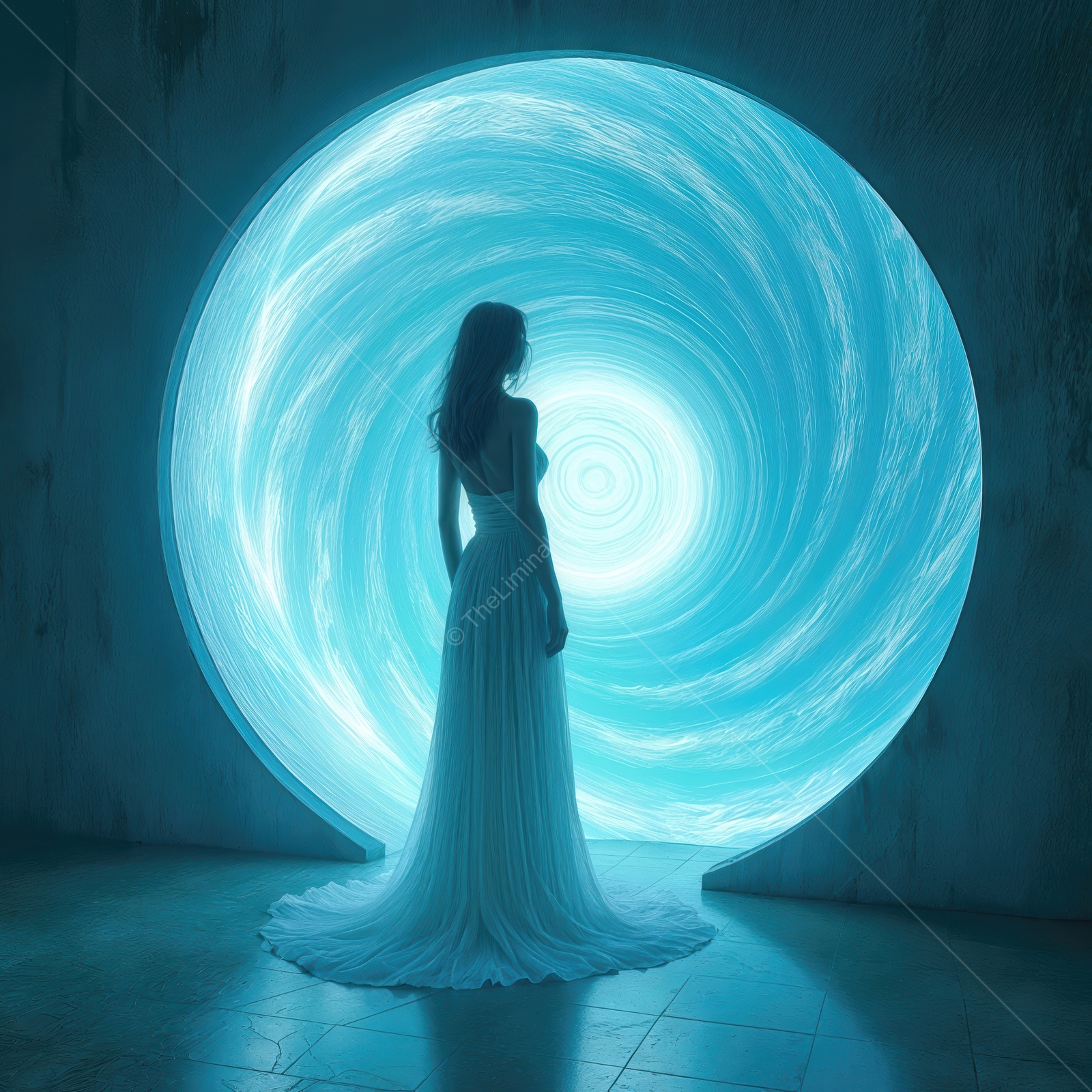 Enigmatic figure standing before a swirling portal in a futuristic setting, blending beauty and mystery in an otherworldly experience