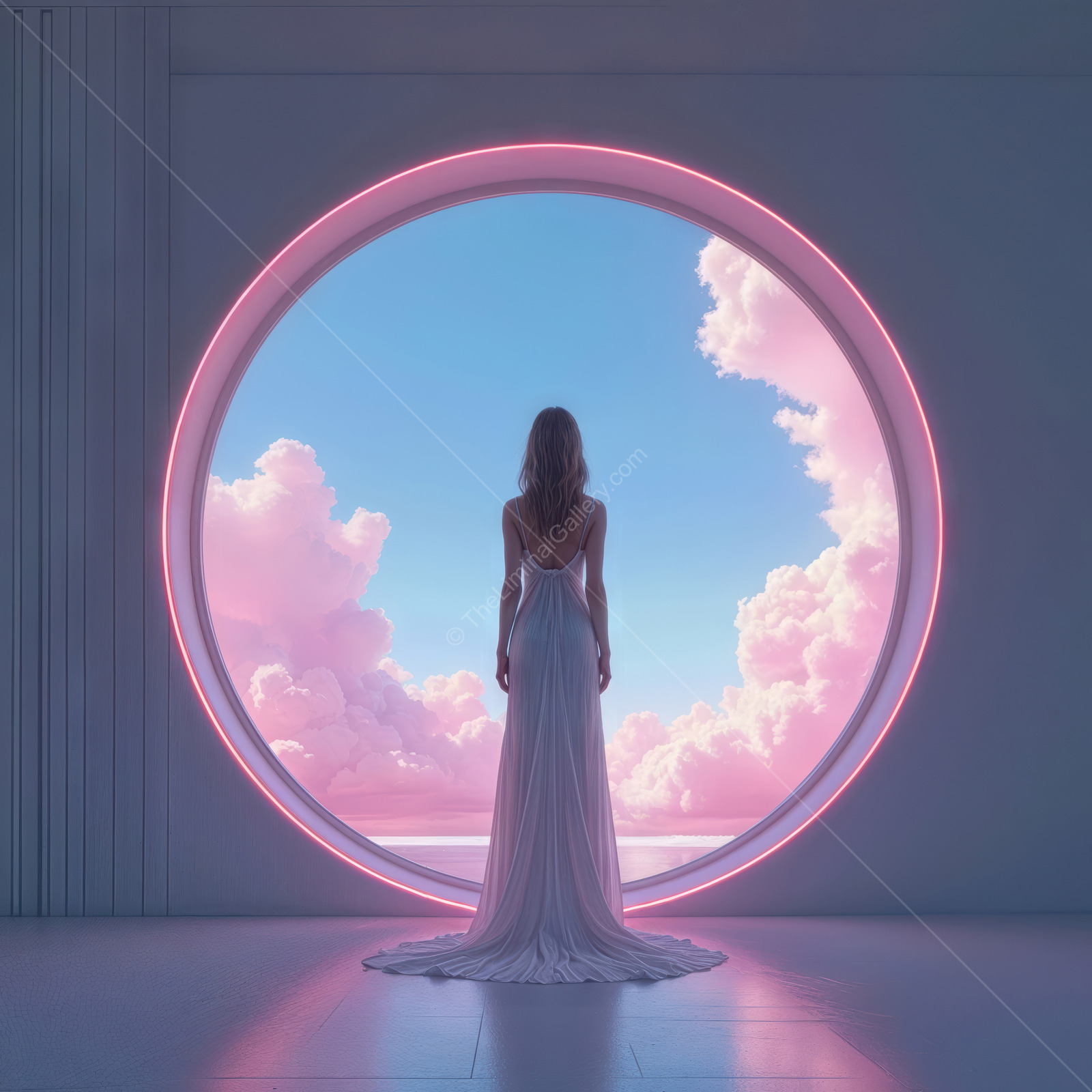 A figure in a stunning white gown gazes through a futuristic portal as vibrant clouds fill the sky