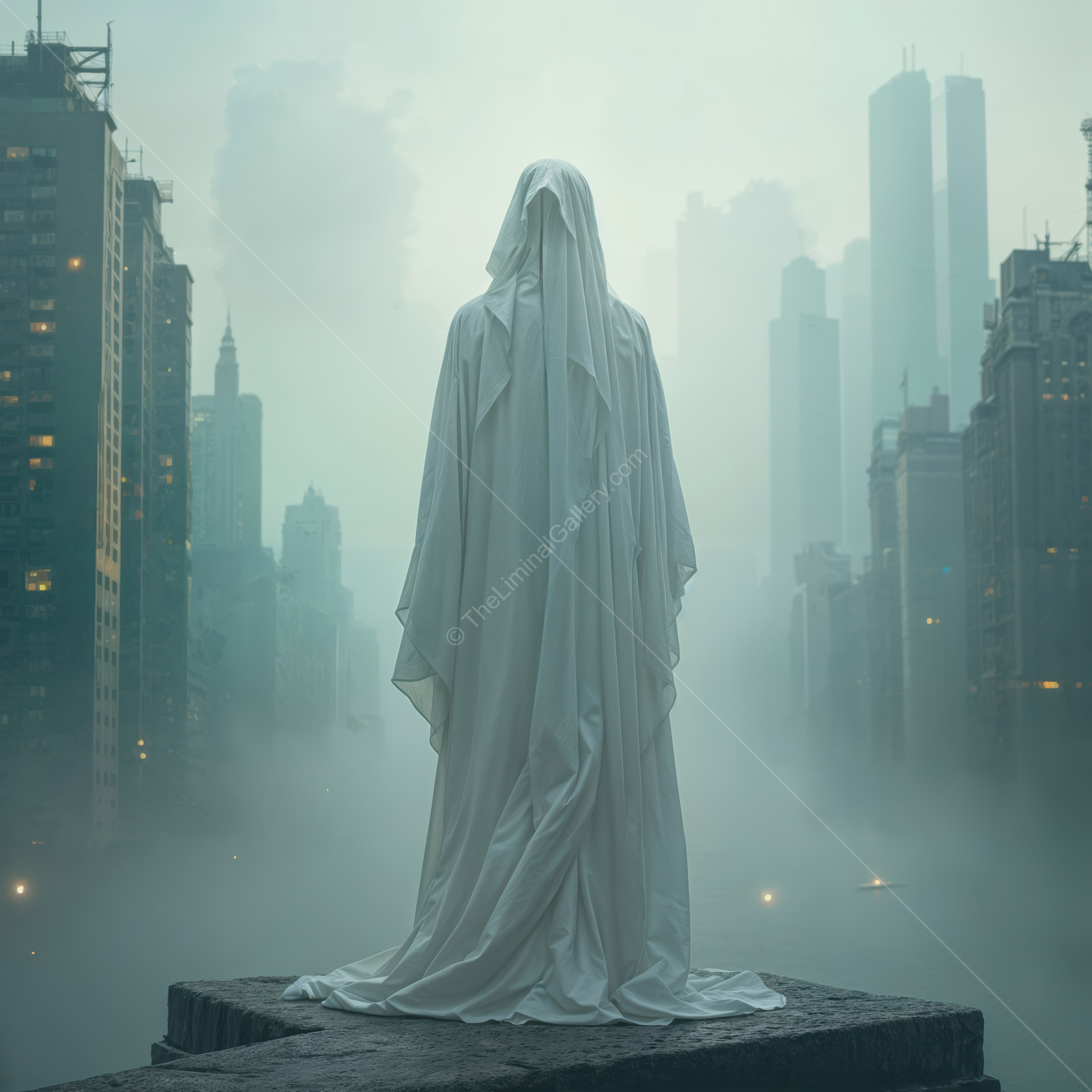 Mysterious figure overlooks a futuristic city shrouded in fog during twilight