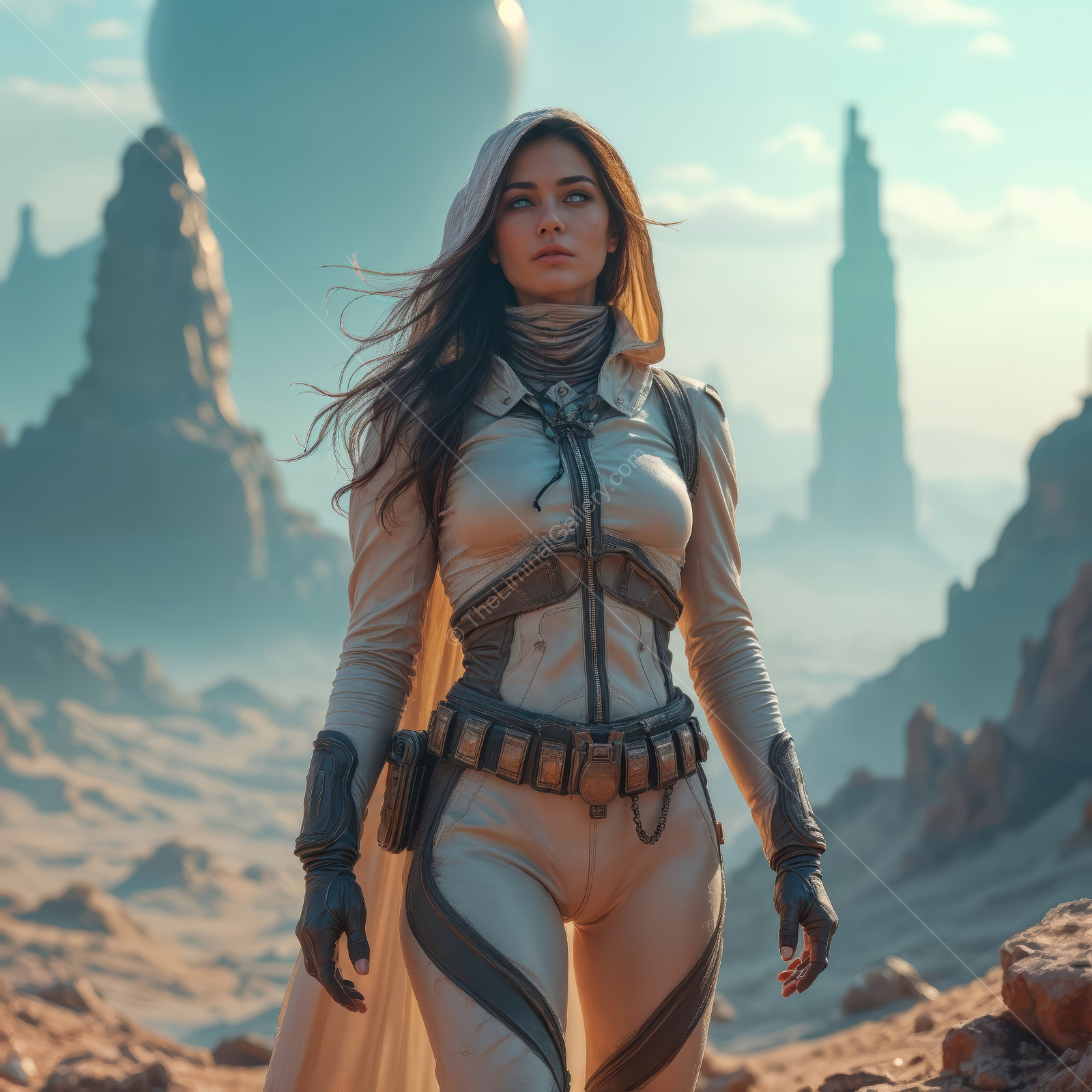 Exploring distant worlds with determination and grace in a futuristic landscape