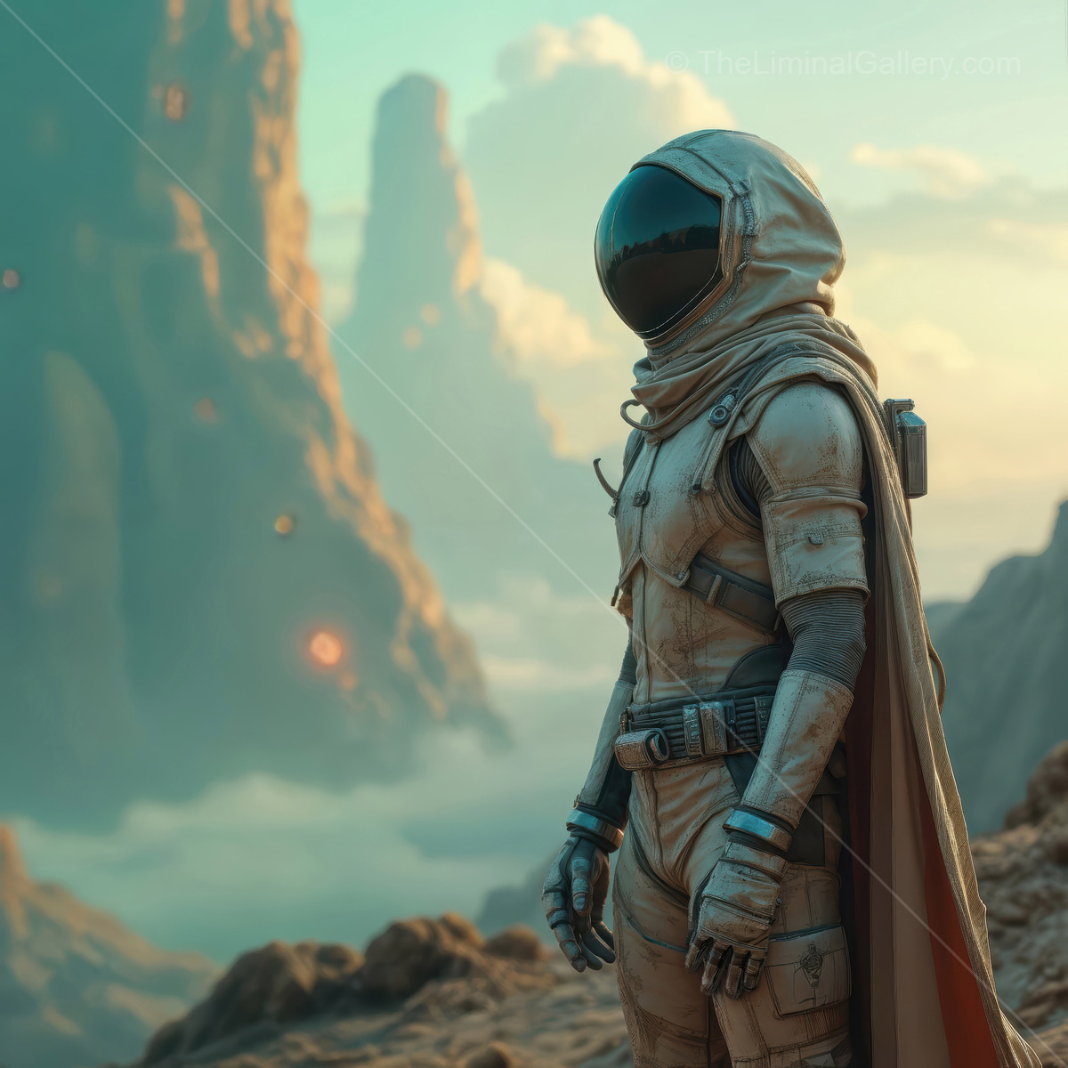 Exploration of alien landscapes by a lone astronaut in a distant future under a surreal sky