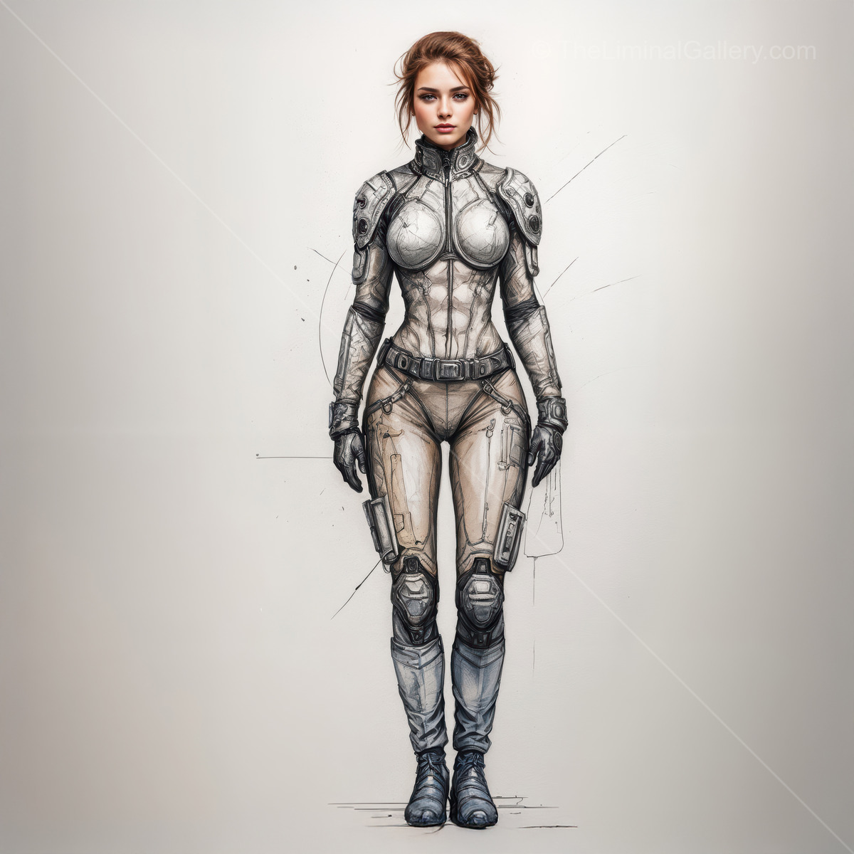 Futuristic warrior stands ready for battle in high-tech armor against a dystopian backdrop