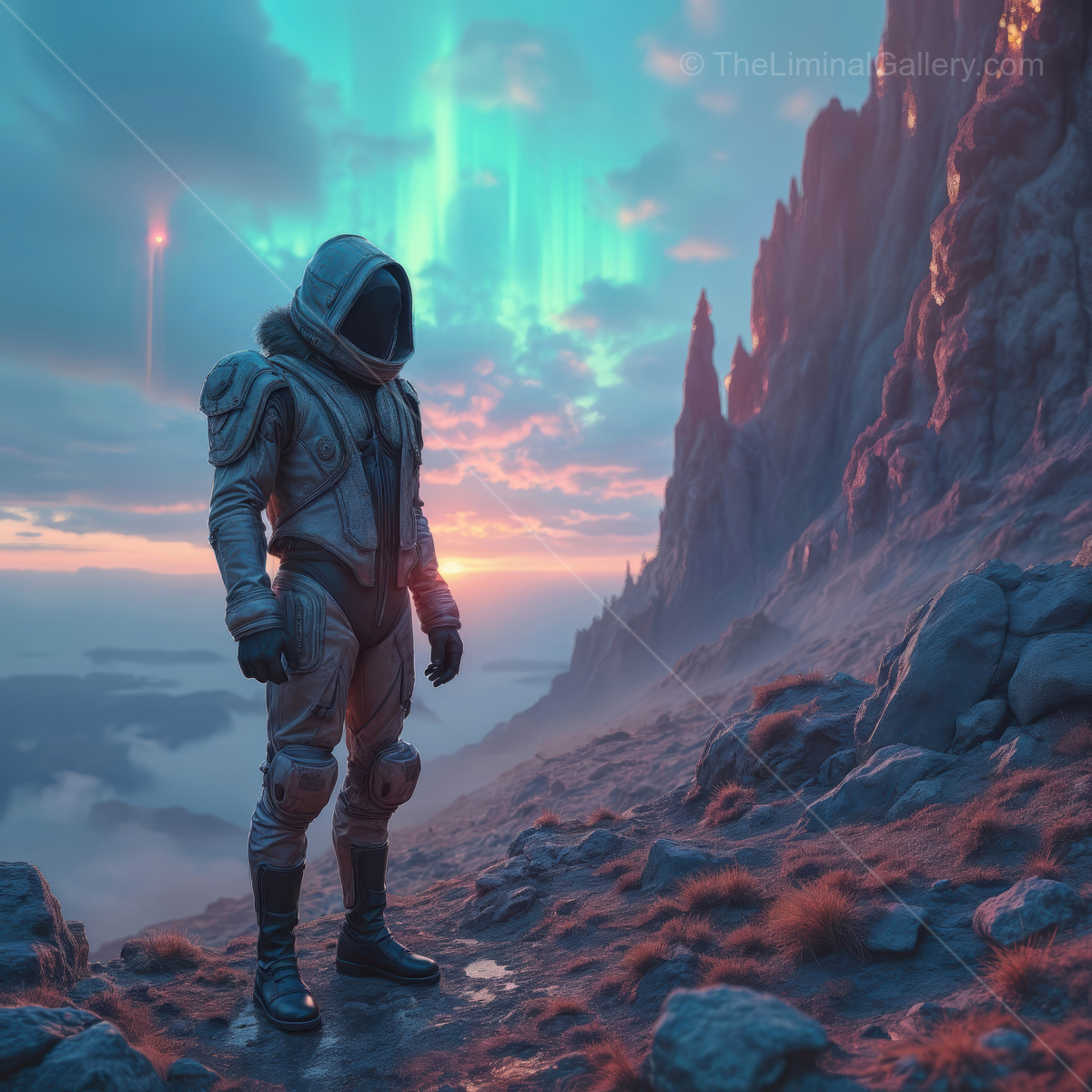 Cosmic explorer stands on alien terrain under vibrant auroras at dusk