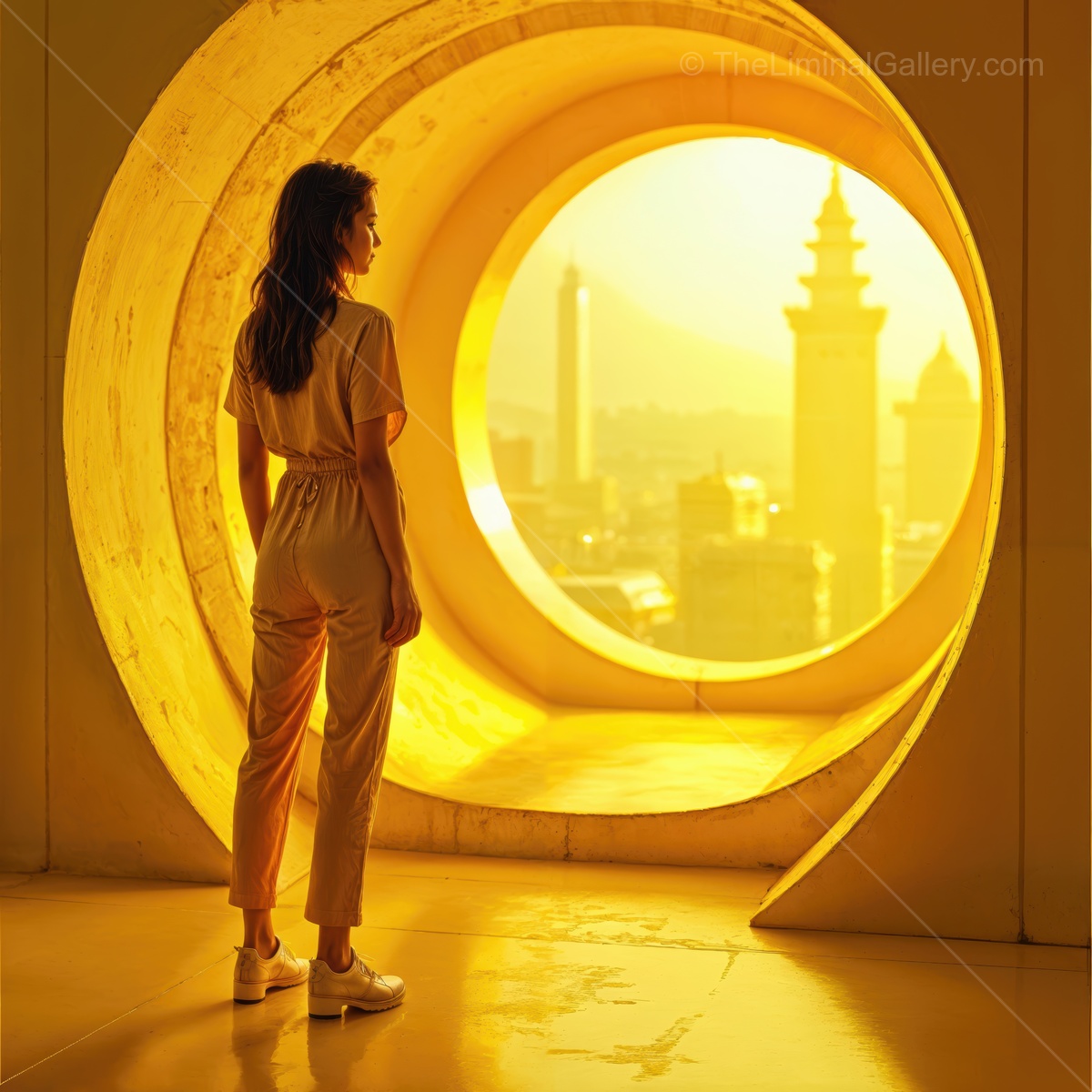Futuristic cityscape with a mysterious figure gazing through a circular window at dawn