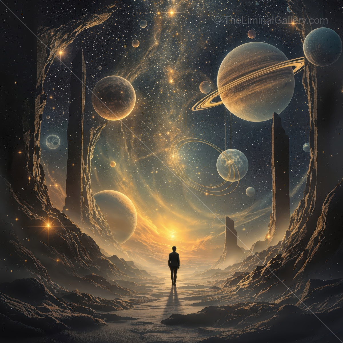 Exploring the cosmic landscape of distant worlds and ethereal galaxies in a serene cosmic journey