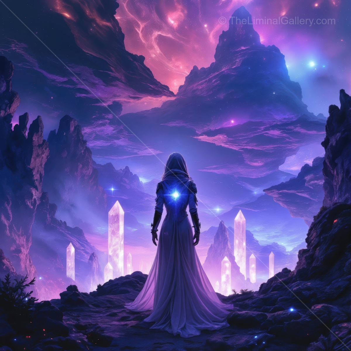 Journey through a mystical realm filled with towering crystals and vibrant cosmic skies