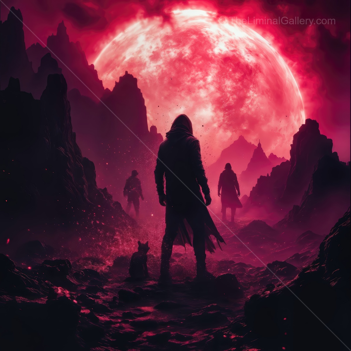 Shadows of the distant moon cast a crimson glow on a lone figure and companions in a mystical landscape