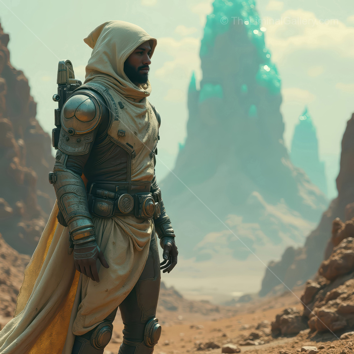 Venture into a vibrant sci-fi landscape with a futuristic explorer in a desolate land under a crystal mountain backdrop