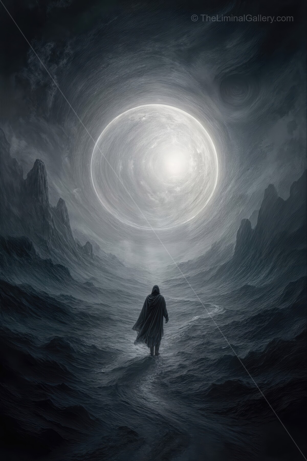 Mysterious journey through a dark landscape under a glowing celestial sphere