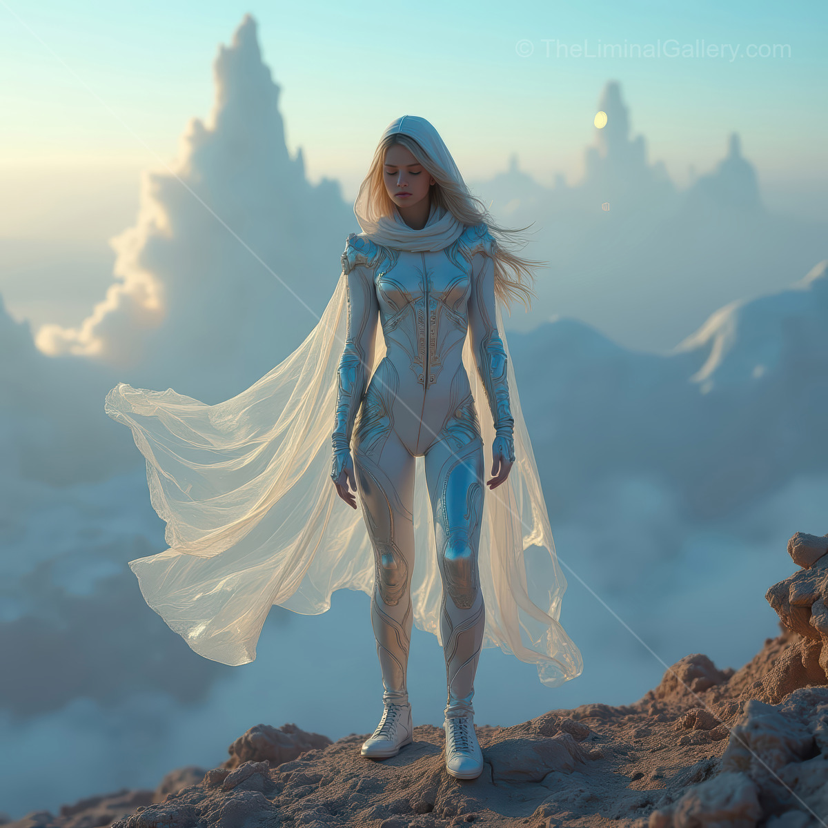 Mysterious figure in futuristic attire exploring an otherworldly landscape at dawn