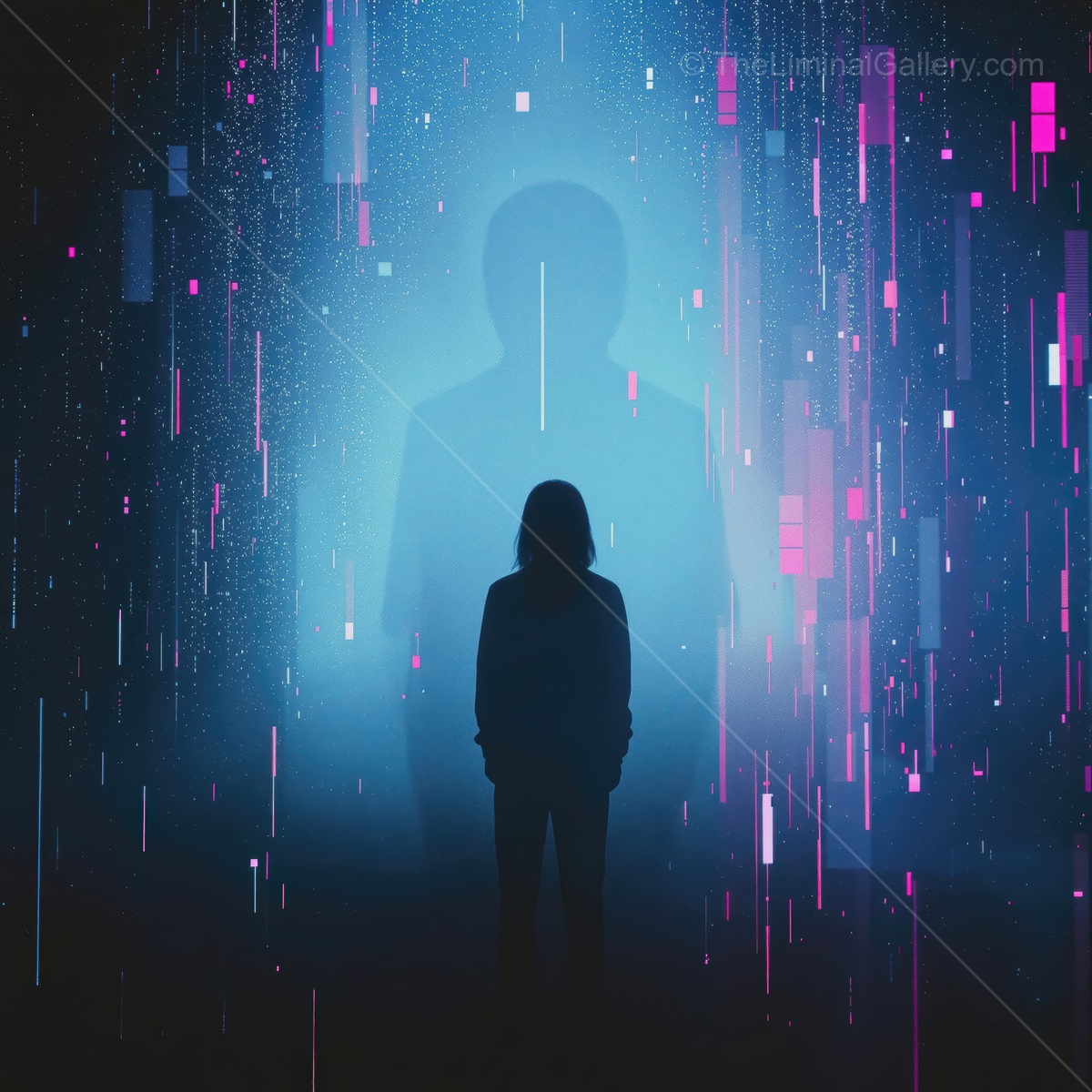 A silhouette stands in a vibrant digital landscape filled with glowing particles and abstract shapes