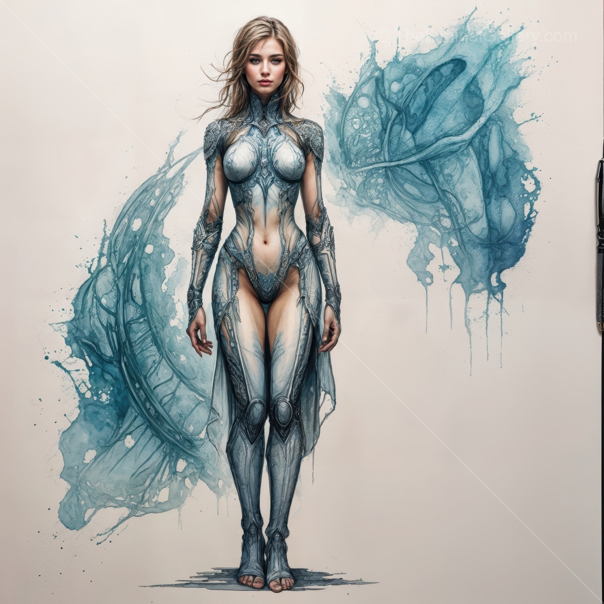 Futuristic warrior stands poised in an ethereal landscape, showcasing blend of human elegance and sci-fi technology in a mesmerizing fusion of art