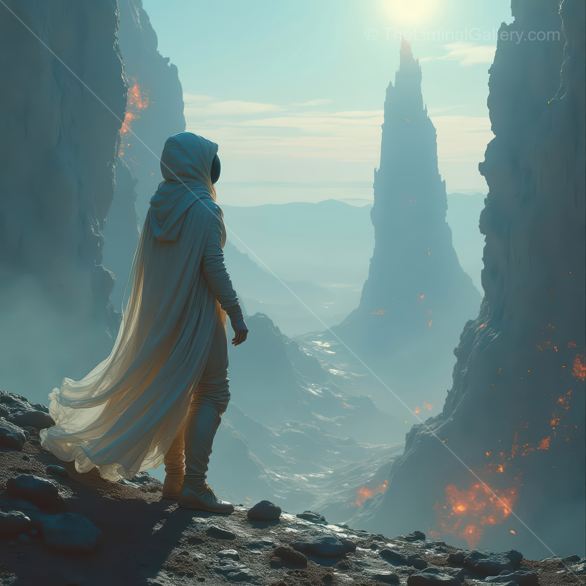 Exploring mysterious canyons on a distant planet, a lone figure gazes into a fiery landscape under an otherworldly sun