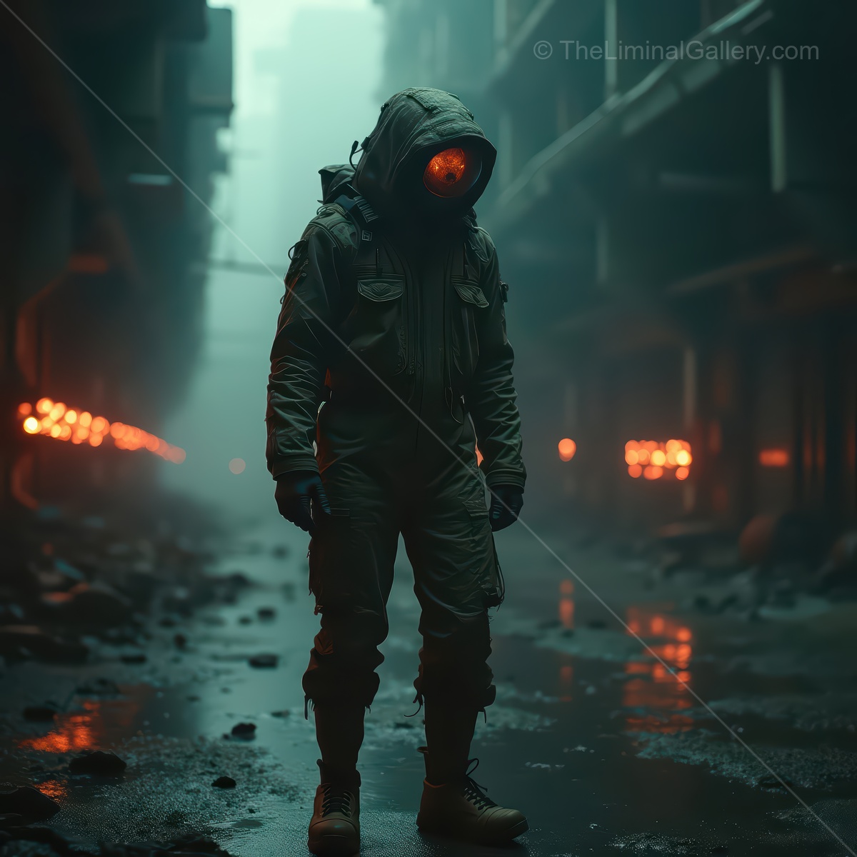 Mysterious figure in a desolate sci-fi landscape under a dark sky filled with glowing embers