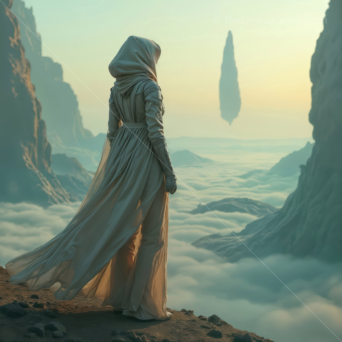Mysterious traveler gazes at floating monolith in a surreal, cloud-covered valley during twilight