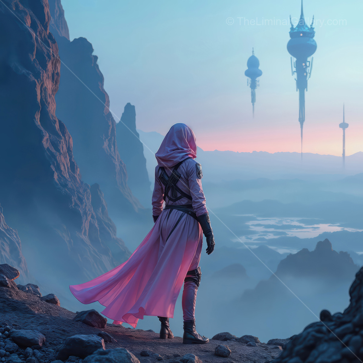 Mystical figure gazes at floating towers in a distant futuristic landscape during twilight