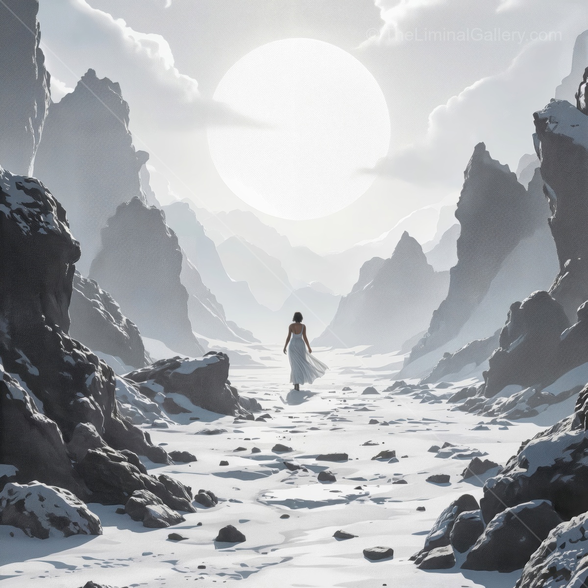 Journey through a frozen realm under a massive sun in a mysterious sci-fi landscape