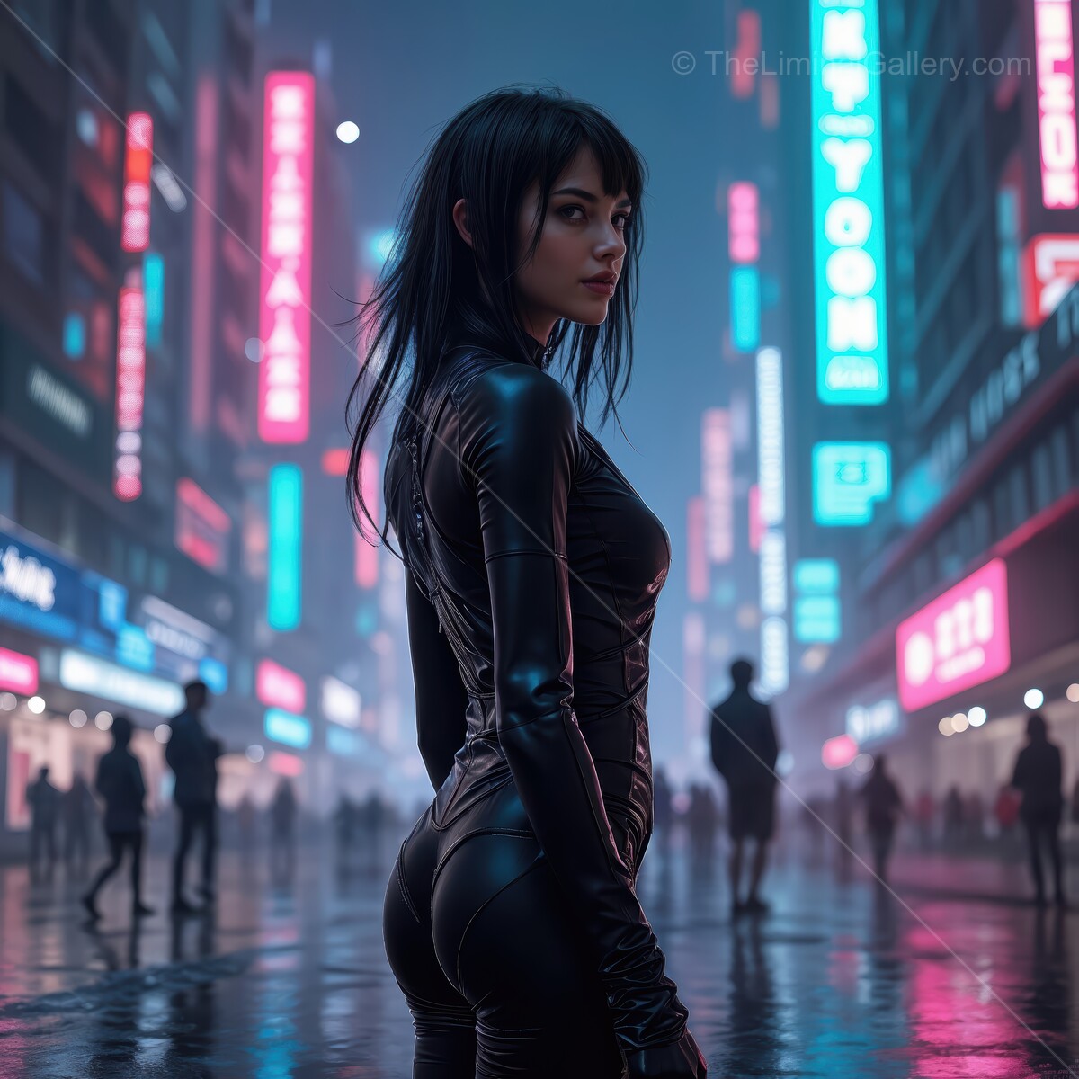 Futuristic synthwave urban landscape at night features a mysterious figure in sleek attire amidst vibrant neon lights