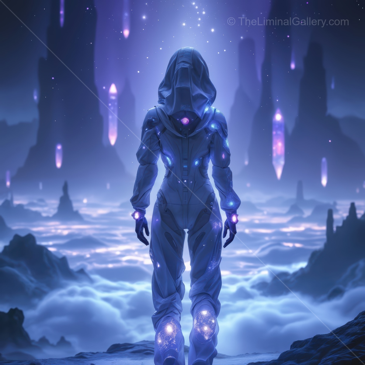 Wonder and mystery unfold in a distant alien landscape with glowing crystals and a lone figure