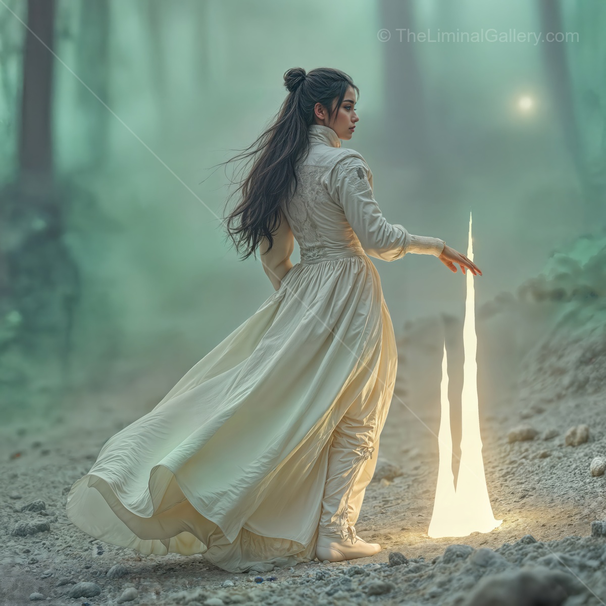 Daring explorer in a white gown encounters glowing crystals on a misty alien landscape