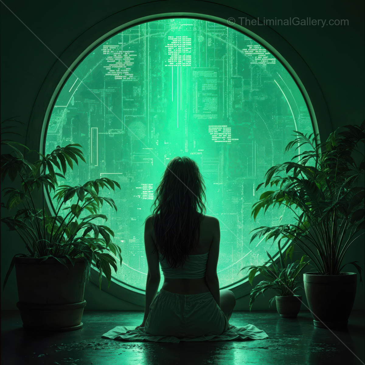 Exploring a futuristic world through a glowing portal in a lush, green environment at twilight