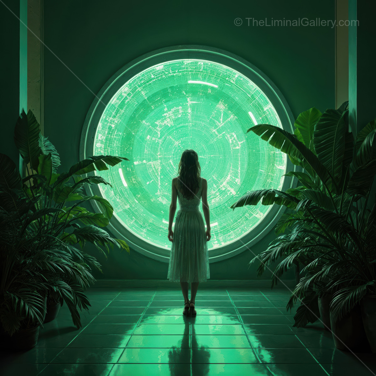 Staring into the future from a mysterious sci-fi hub with glowing technology and lush greenery