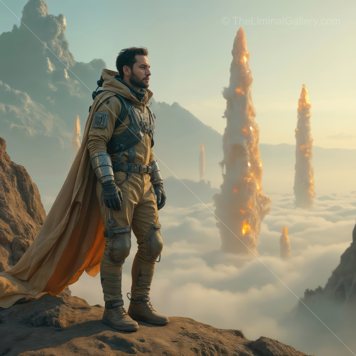 Heroic figure stands on rocky cliff, overlooking a mystical landscape filled with glowing pillars amidst swirling clouds in a distant future