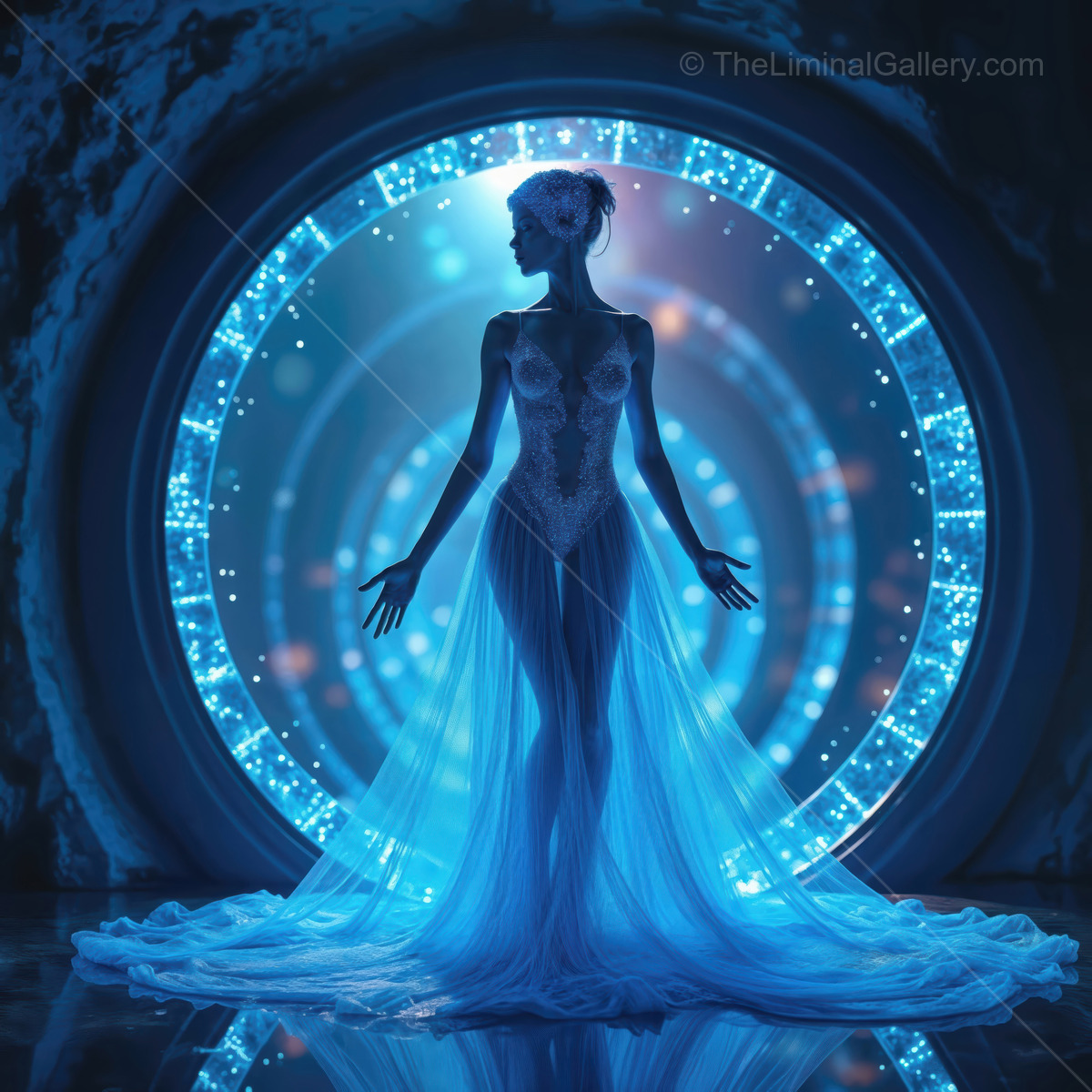 Futuristic figure in flowing attire standing in a glowing portal surrounded by shimmering lights