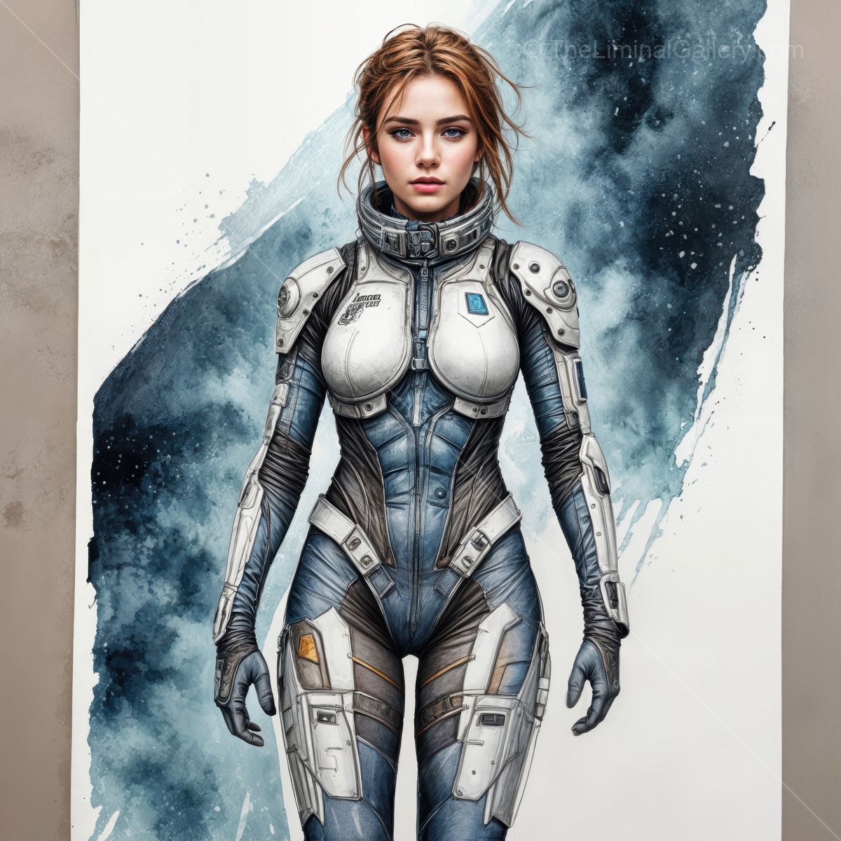 Futuristic explorer in a sleek, high-tech suit standing against a swirling galactic backdrop during an epic journey in a distant universe