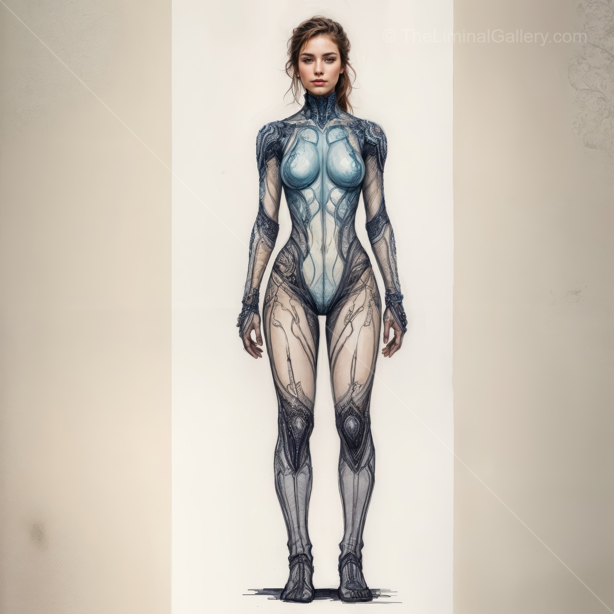Futuristic humanoid character stands in a sleek, high-tech outfit in a sci-fi setting, showcasing a blend of elegance and advanced technology