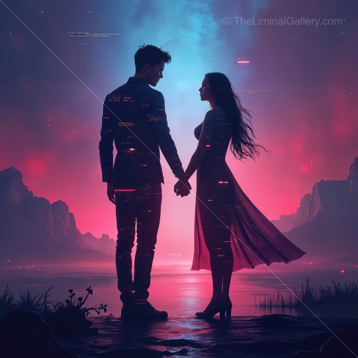 Couple embracing a magical sunset while holding hands by a tranquil lake surrounded by mountains