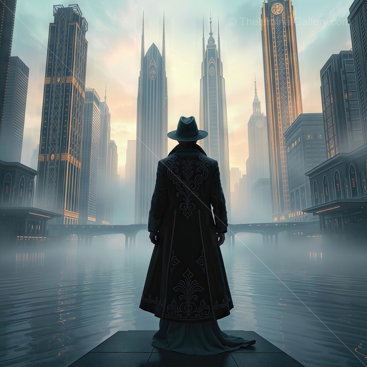 Majestic man gazes at towering city skyline enveloped in morning mist