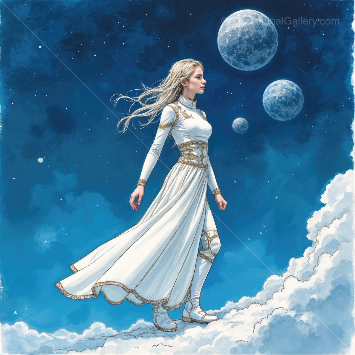 Elegant figure walks on clouds under the glow of distant moons in a dreamlike sci-fi realm