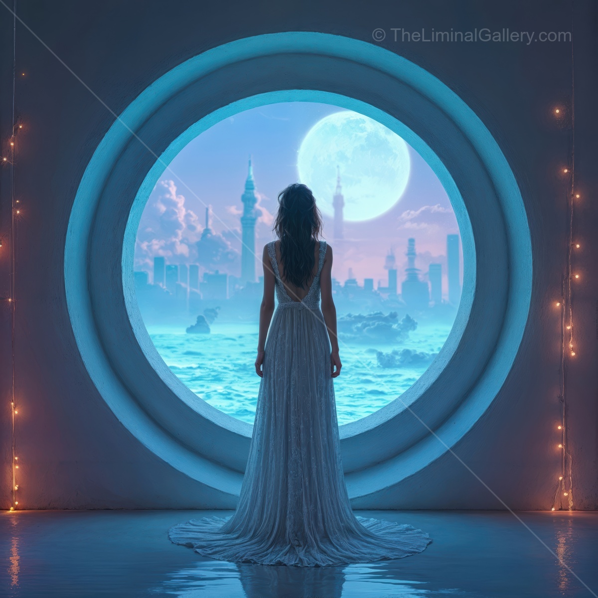 Enchanting view of a futuristic city bathed in moonlight from a circular window