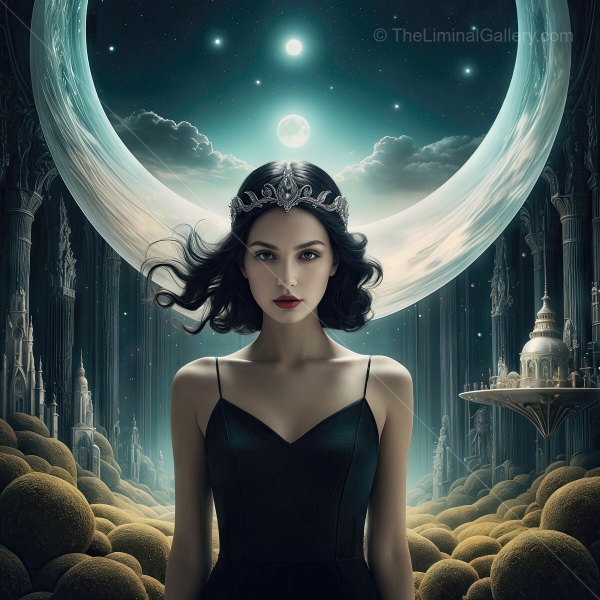 Enchanting elegance of a mysterious woman under a celestial moonlit sky at dusk