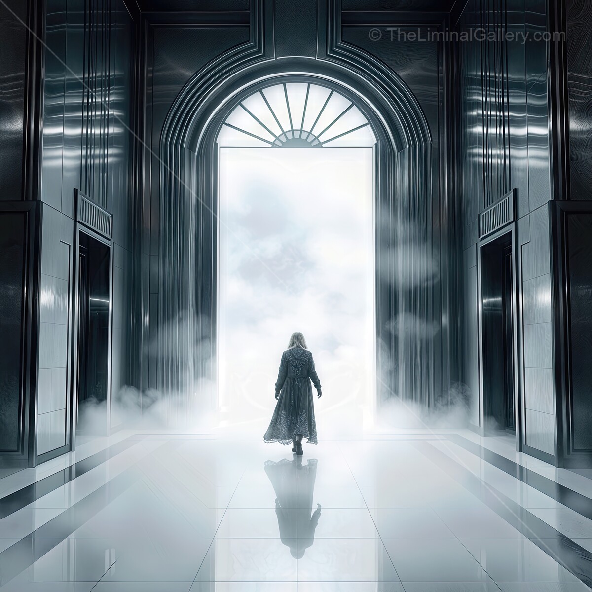 Mysterious man steps through an ethereal doorway amidst swirling mist in an elegant space