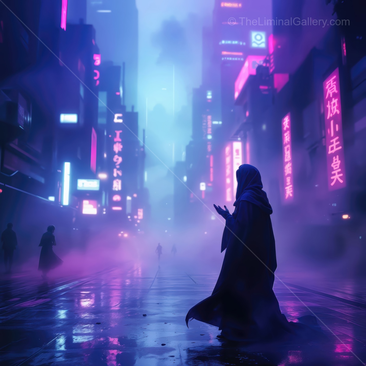 Mysterious figure explores neon-lit streets in a futuristic city filled with fog and unknown secrets