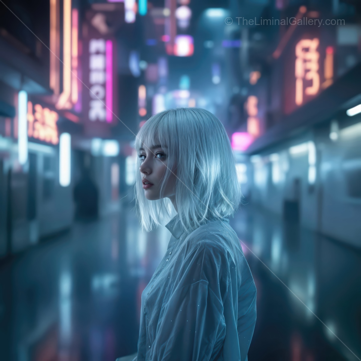 Capturing a moment in a futuristic urban landscape with neon lights and a mysterious figure