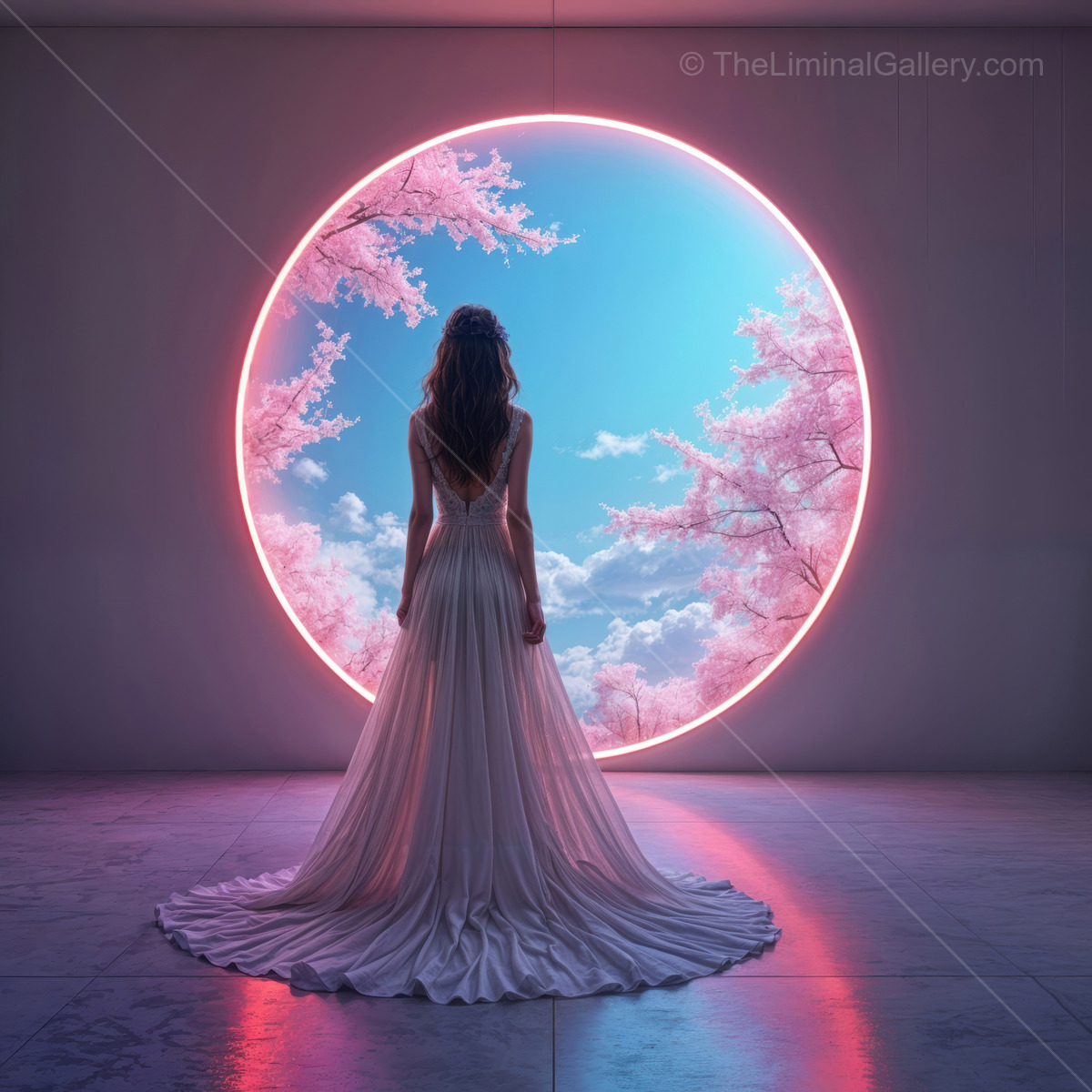 Ethereal figure in a flowing gown gazes out into a vibrant sci-fi world with cherry blossoms and a glowing circular portal