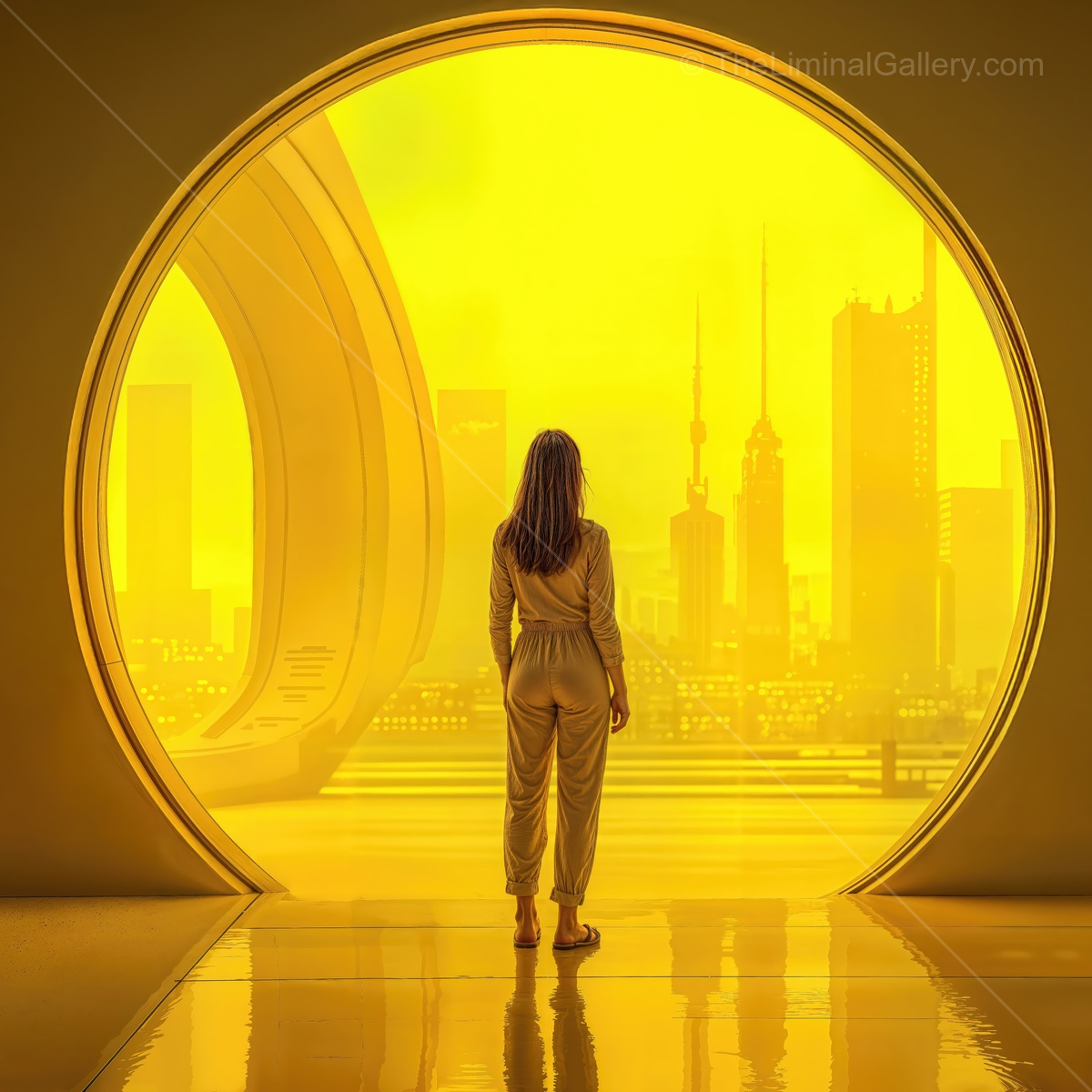 Woman gazing at a futuristic city through a round yellow portal, feeling the vibes of sci-fi dreams and urban exploration in the glow of dawn