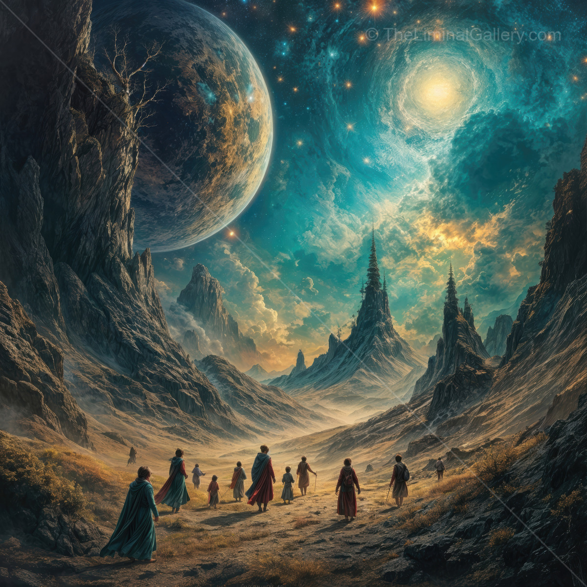 Journey through the alien landscape under distant stars and moons surrounded by mysterious peaks and vibrant colors