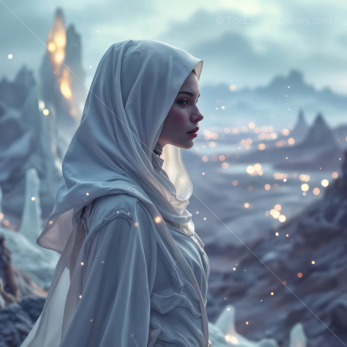 Mysterious figure gazes over a futuristic alien landscape filled with glowing crystals and distant mountains under a twilight sky