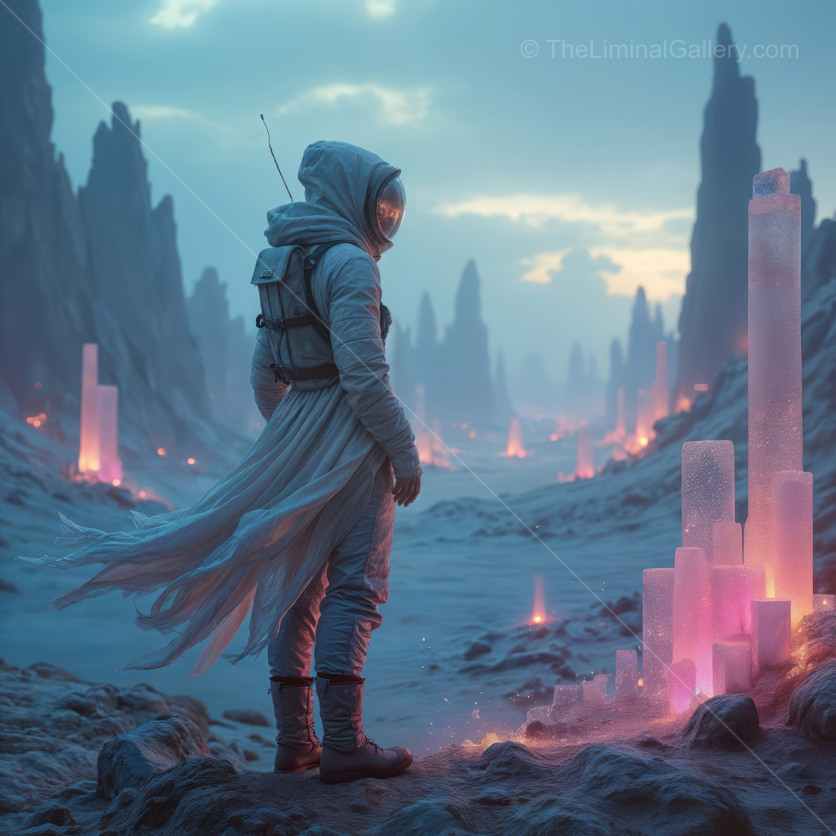 Exploring a mystical alien landscape filled with glowing crystals and tranquil skies at twilight