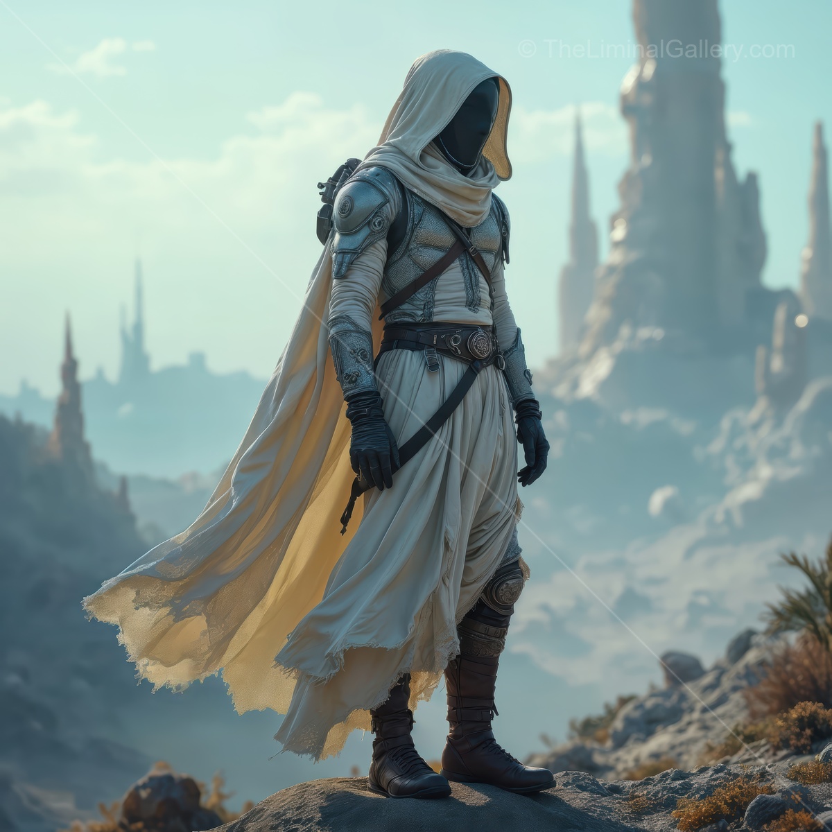 Mysterious figure in a futuristic desert landscape at dusk, exploring ancient ruins in a sci-fi adventure