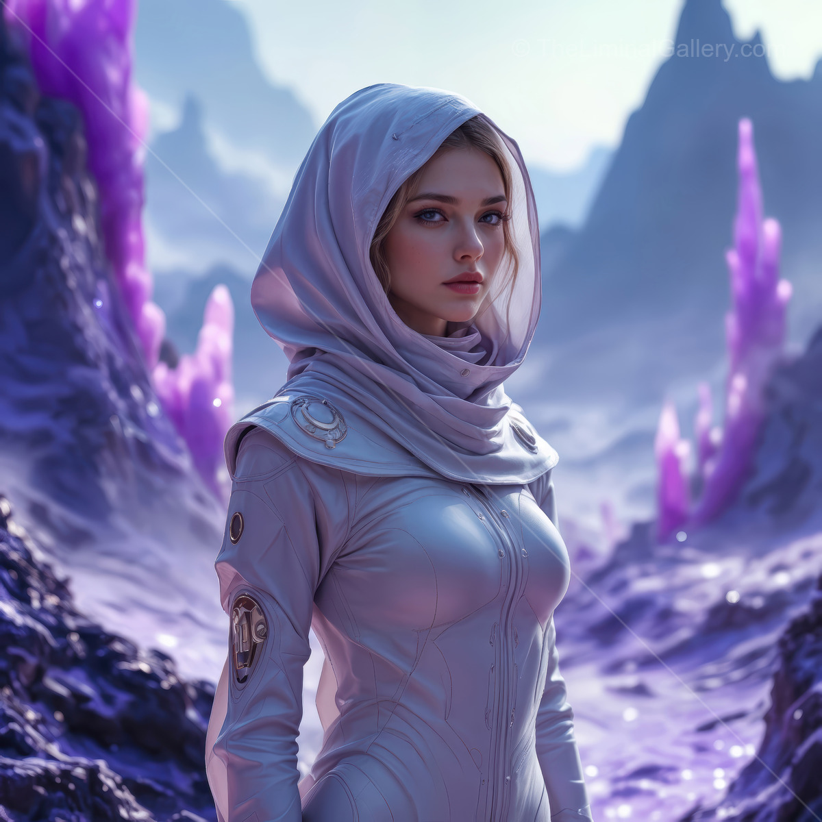 Mysterious traveler in a vibrant alien landscape surrounded by crystal formations at twilight